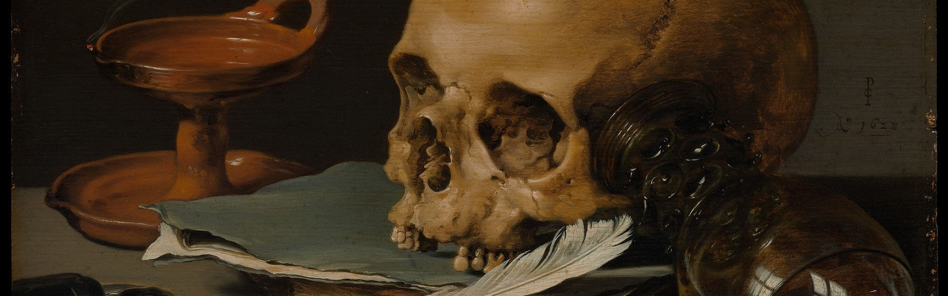 Still Life with a Skull and a Writing Quill, Pieter Claesz, 1628